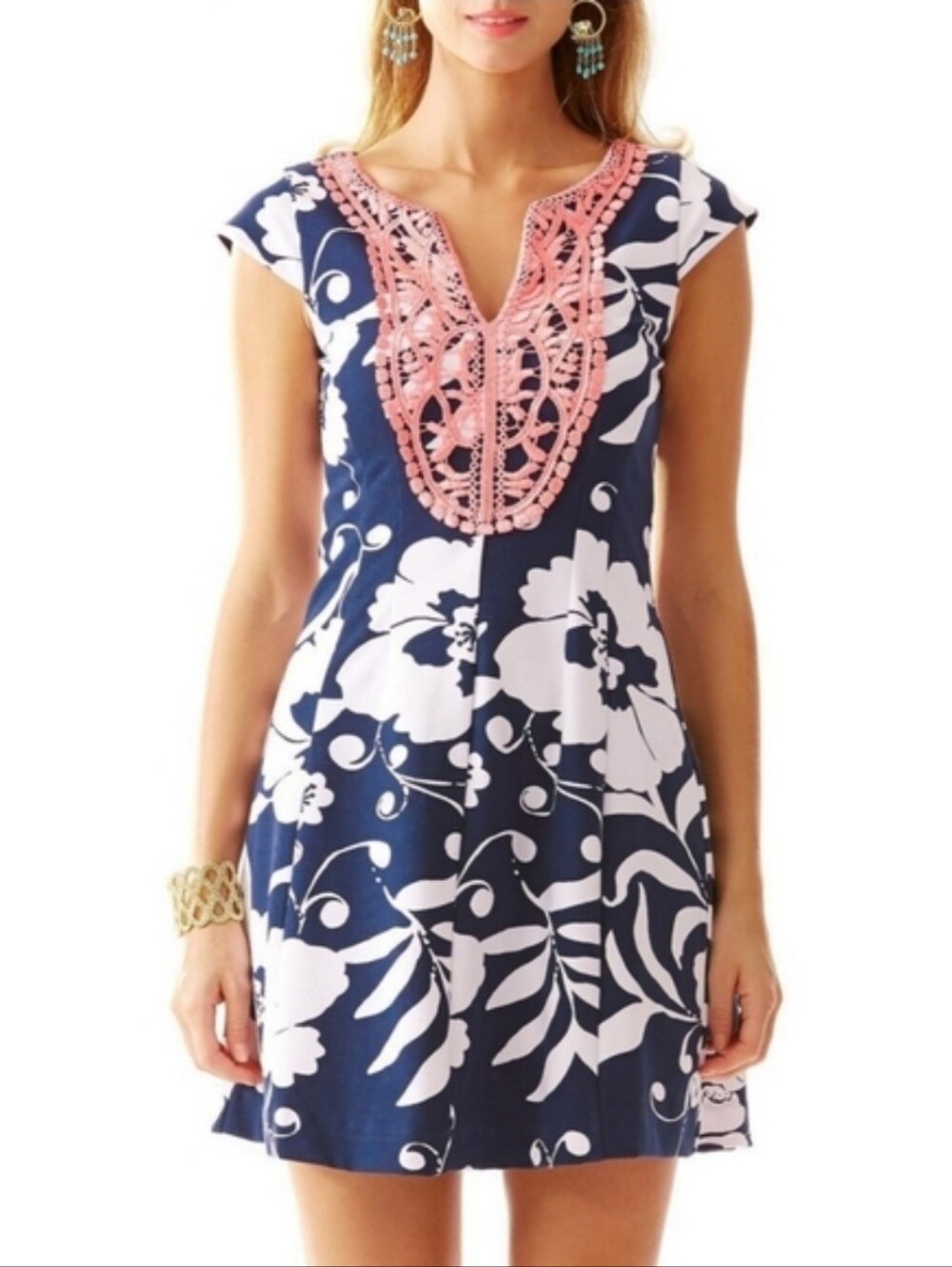 Lilly Pullitzer Briella Mini Dress XS Blue Floral Coral Lace V-neck Fit & Flare